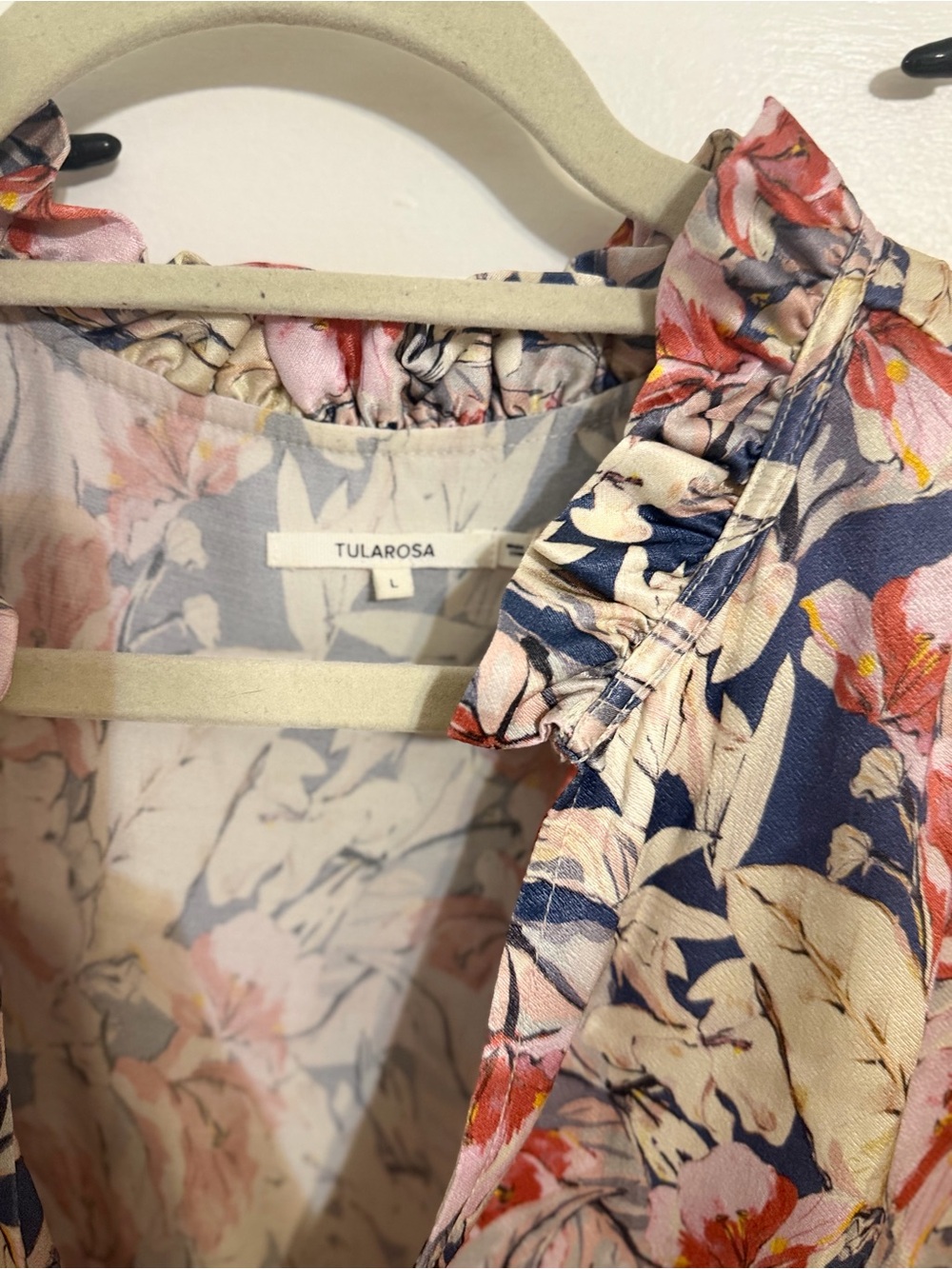 Tularosa Navy, Cream & Pink Floral Ruffle Tie-Neck Blouse - Picture 5 of 9